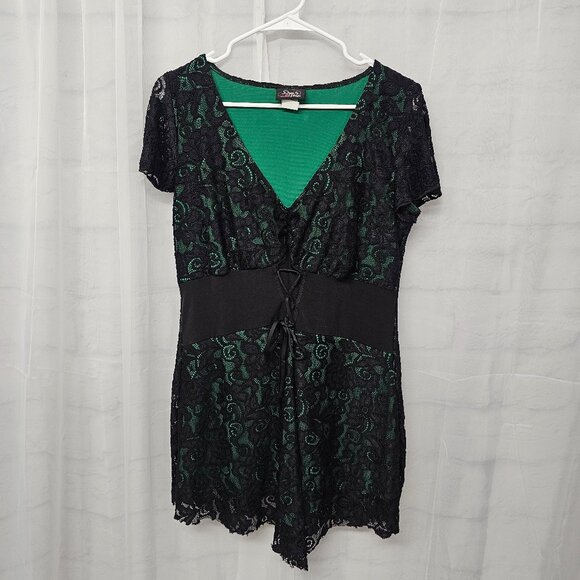 Vintage Black Green Y2k Corset Dress Lace Mini Goth Punk Whimsigoth Tunic 1X - Picture 8 of 11